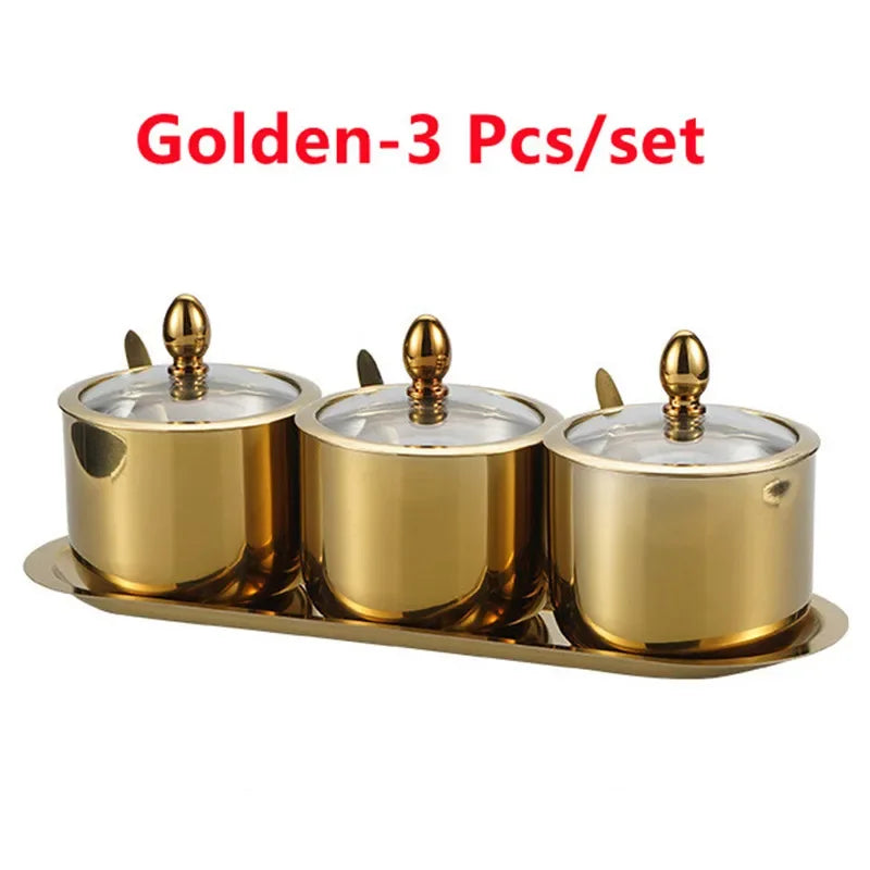 304 Stainless Steel Seasoning Pot Spice Canister Set with Transparent Glass Lid Salt Jars Organization Kitchen Container Set