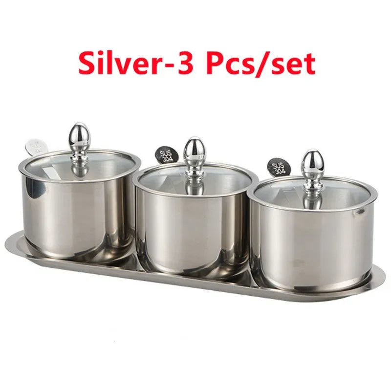 304 Stainless Steel Seasoning Pot Spice Canister Set with Transparent Glass Lid Salt Jars Organization Kitchen Container Set