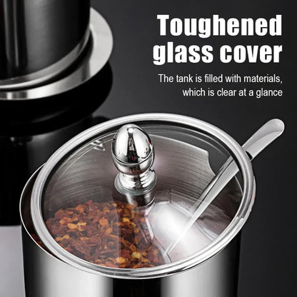 304 Stainless Steel Seasoning Pot Spice Canister Set with Transparent Glass Lid Salt Jars Organization Kitchen Container Set