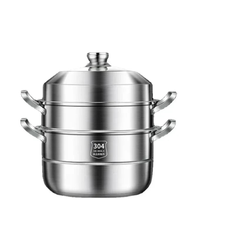 304 Stainless Steel Steamer Thickened Three-Tier Steamer Steamed Buns Household Cage Drawer 2-Layer Double-Layer Induction