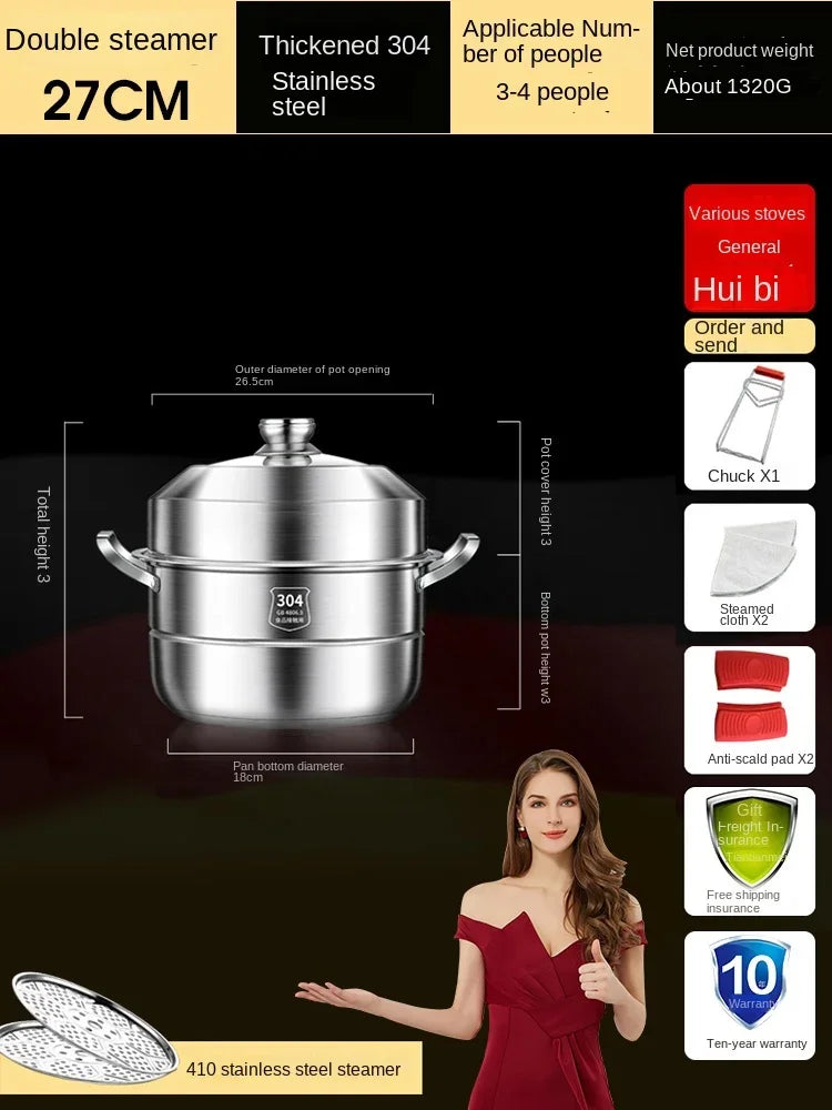 304 Stainless Steel Steamer Thickened Three-Tier Steamer Steamed Buns Household Cage Drawer 2-Layer Double-Layer Induction