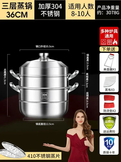 304 Stainless Steel Steamer Thickened Three-Tier Steamer Steamed Buns Household Cage Drawer 2-Layer Double-Layer Induction