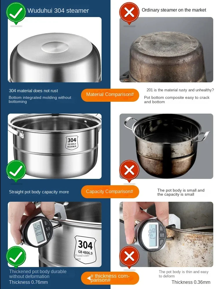 304 Stainless Steel Steamer Thickened Three-Tier Steamer Steamed Buns Household Cage Drawer 2-Layer Double-Layer Induction