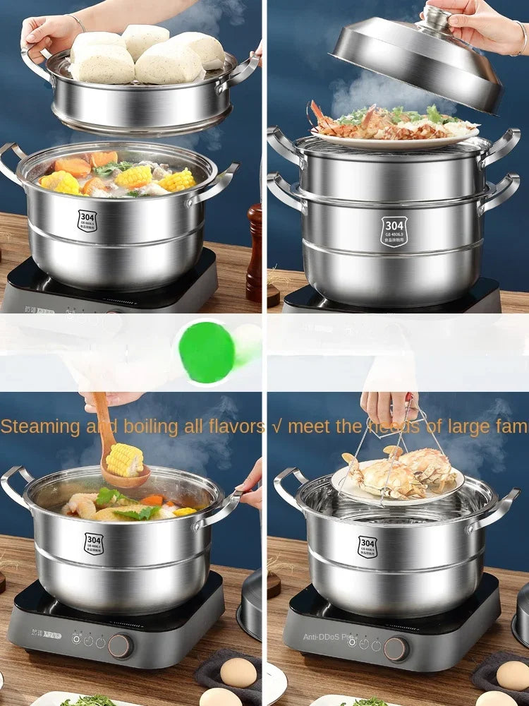304 Stainless Steel Steamer Thickened Three-Tier Steamer Steamed Buns Household Cage Drawer 2-Layer Double-Layer Induction