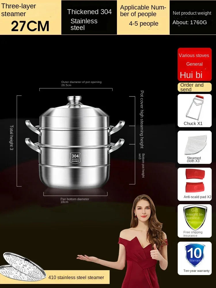 304 Stainless Steel Steamer Thickened Three-Tier Steamer Steamed Buns Household Cage Drawer 2-Layer Double-Layer Induction