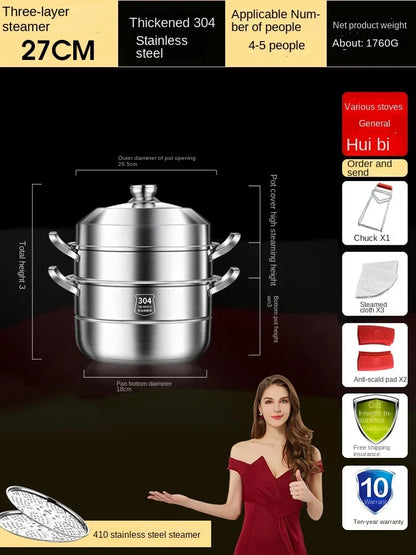 304 Stainless Steel Steamer Thickened Three-Tier Steamer Steamed Buns Household Cage Drawer 2-Layer Double-Layer Induction
