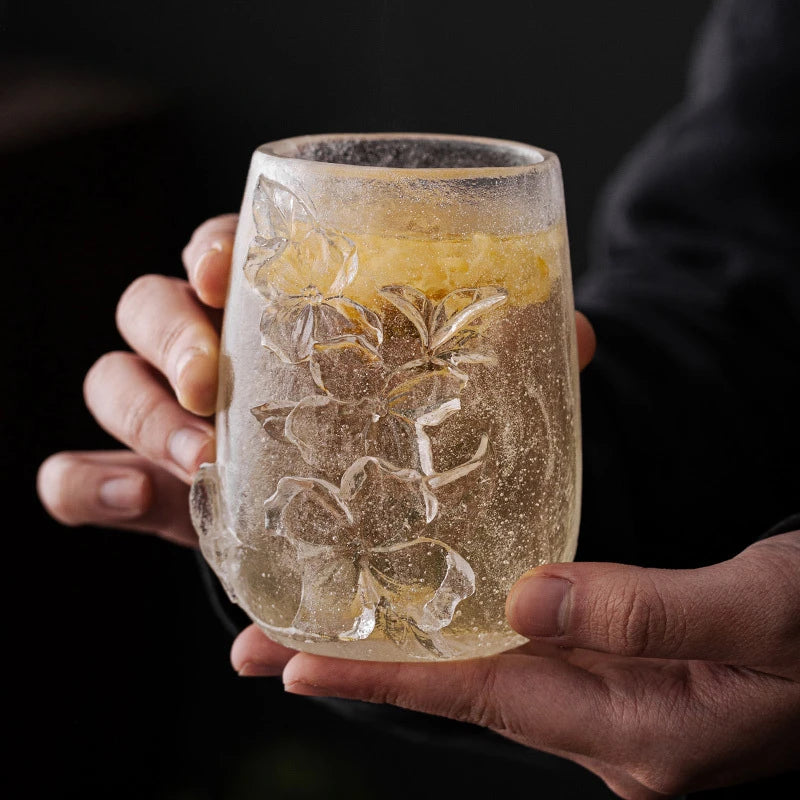 308ml High-end Frozen Burnt Glass Flower Tea Cup Kung Fu Tea Master Cup Ladies Personal Large Carved  Cup Customized Gift Box