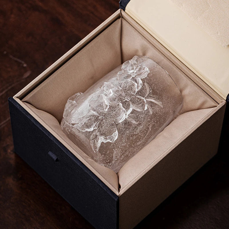 308ml High-end Frozen Burnt Glass Flower Tea Cup Kung Fu Tea Master Cup Ladies Personal Large Carved  Cup Customized Gift Box