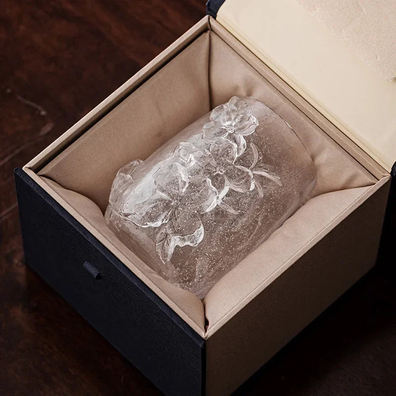 308ml High-end Frozen Burnt Glass Flower Tea Cup Kung Fu Tea Master Cup Ladies Personal Large Carved  Cup Customized Gift Box