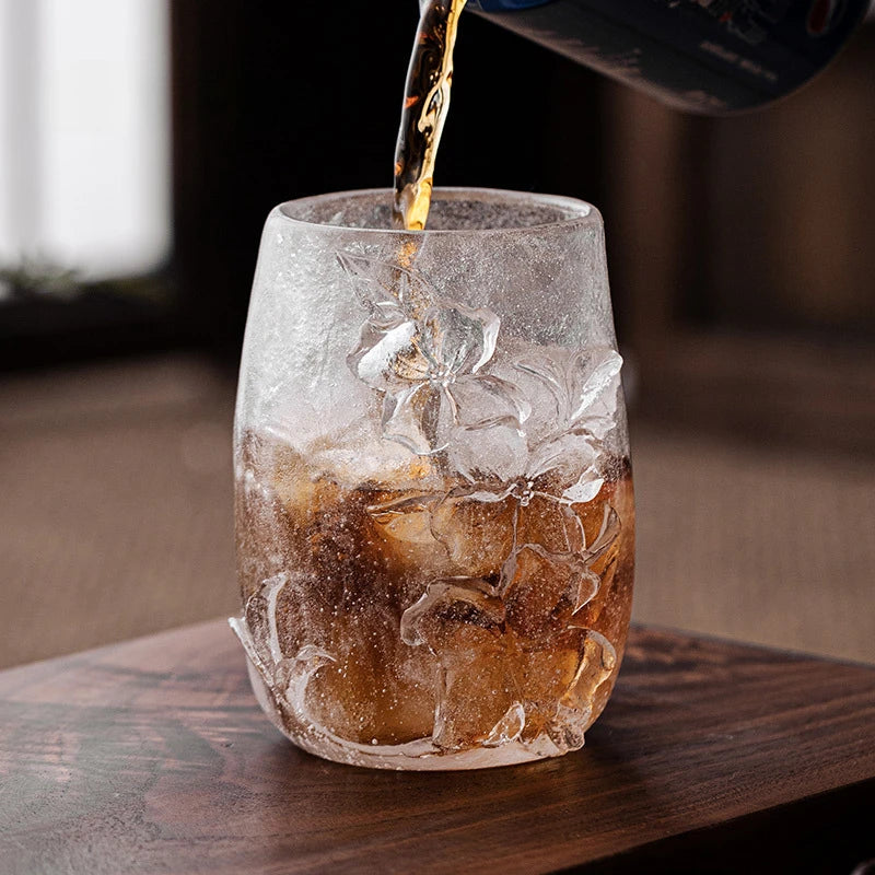 308ml High-end Frozen Burnt Glass Flower Tea Cup Kung Fu Tea Master Cup Ladies Personal Large Carved  Cup Customized Gift Box