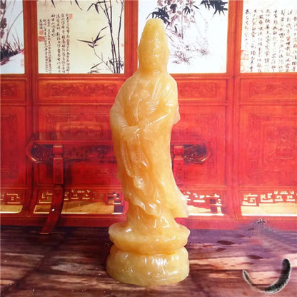 30CM Large Blessing Home office efficacious Talisman Guanyin Buddha Avalokitesvara yellow Jade hand carving Sculpture statue