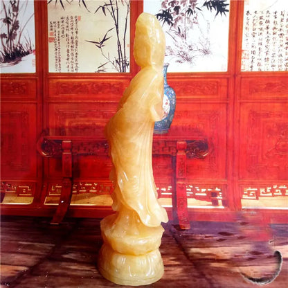 30CM Large Blessing Home office efficacious Talisman Guanyin Buddha Avalokitesvara yellow Jade hand carving Sculpture statue