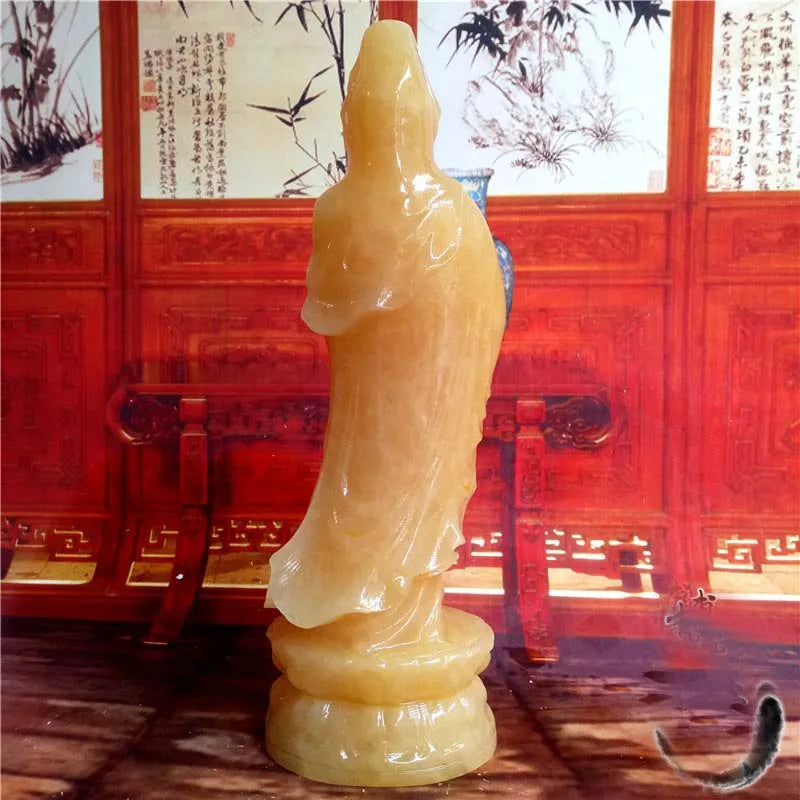 30CM Large Blessing Home office efficacious Talisman Guanyin Buddha Avalokitesvara yellow Jade hand carving Sculpture statue