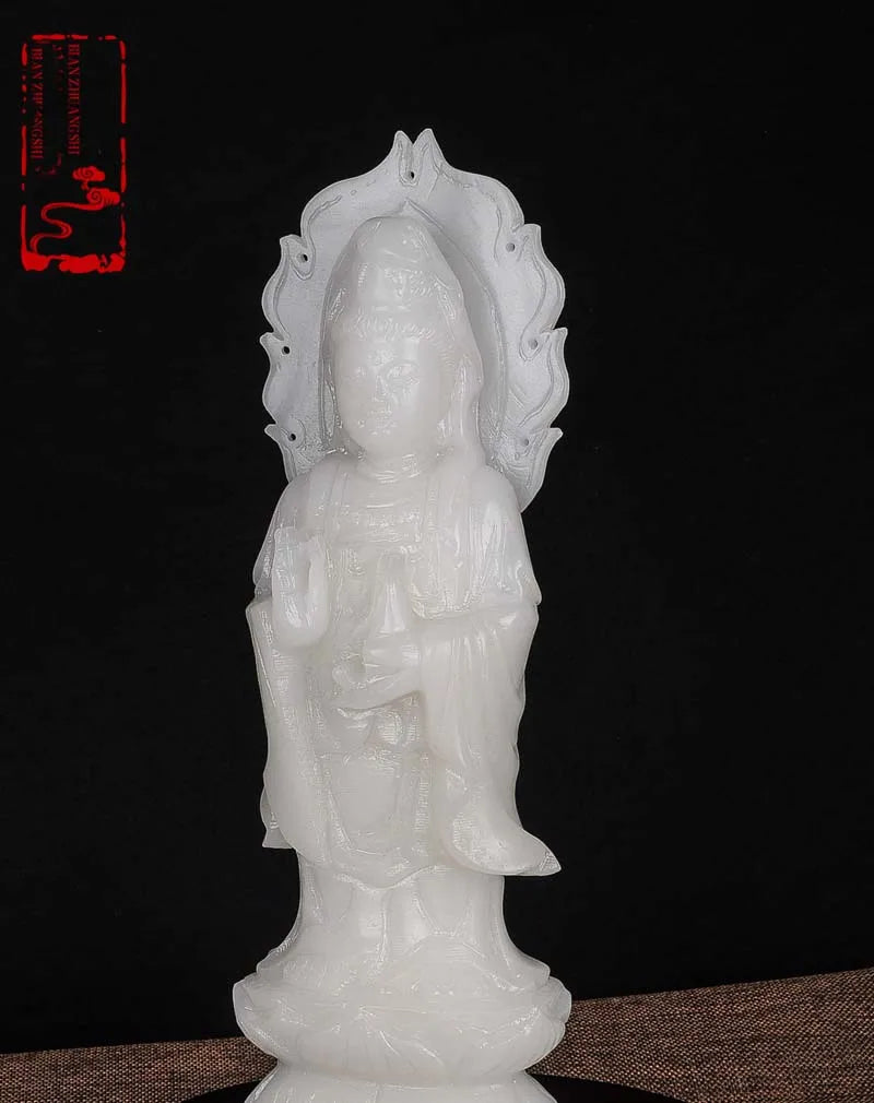 30CM Large Blessing Home wall office efficacious Talisman Guanyin Buddha Avalokitesvara white Jade carving Sculpture statue