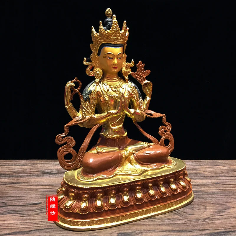 30CM large -GOOD ---Buddhist Buddhism home family efficacious Protection brass Four arm Guanyin gold Gold-plated Buddha  statue