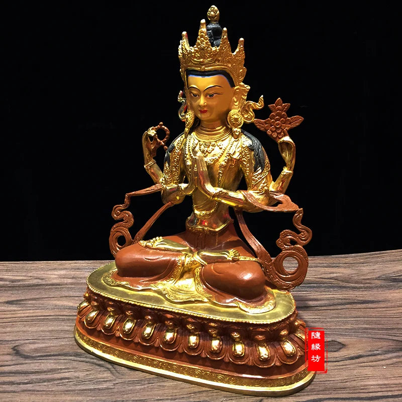 30CM large -GOOD ---Buddhist Buddhism home family efficacious Protection brass Four arm Guanyin gold Gold-plated Buddha  statue