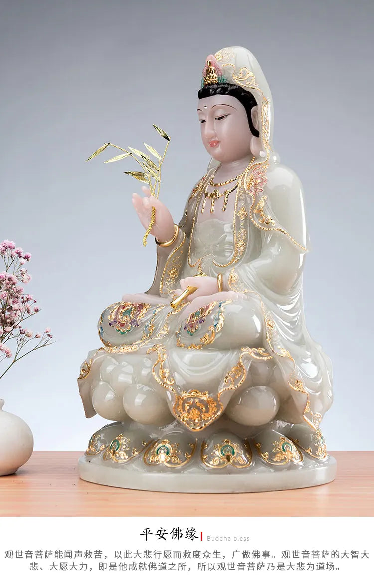 30CM large Good quality jade COLOR gilding Guanyin Buddha Home family efficacious bless safe good luck Talisman statue