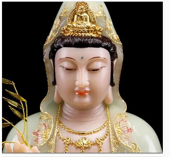 30cm LARGE- high-grade Natural jade gilding Guanyin Buddha home Temple efficacious Talisman Mascot carving Sculpture statue