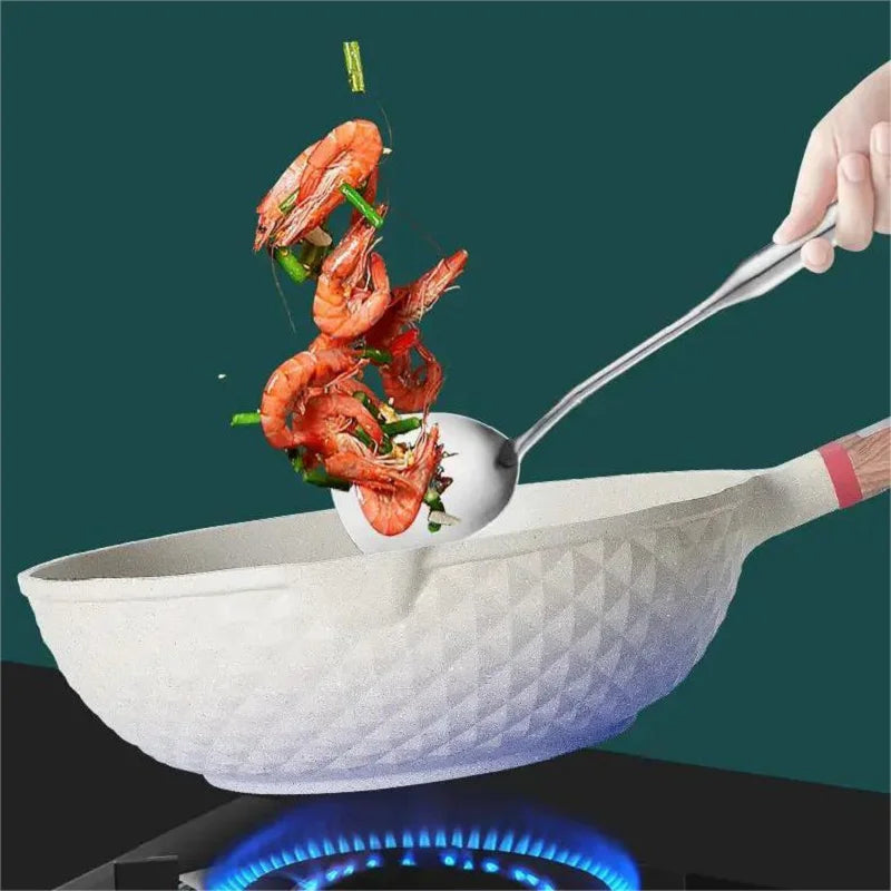 30cm Maifanshi Non-stick Pan Flat Frying Household Induction Cooker Easy to Operate GasStove Universal Wok White Green