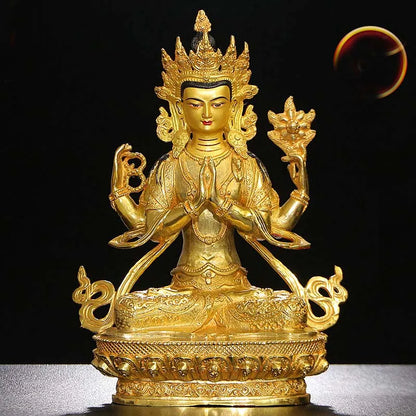 30cm large Buddhist supplies Temple buddha statue Four arm Avalokitesvara all-powerful buddha Gold plating copper buddha statue
