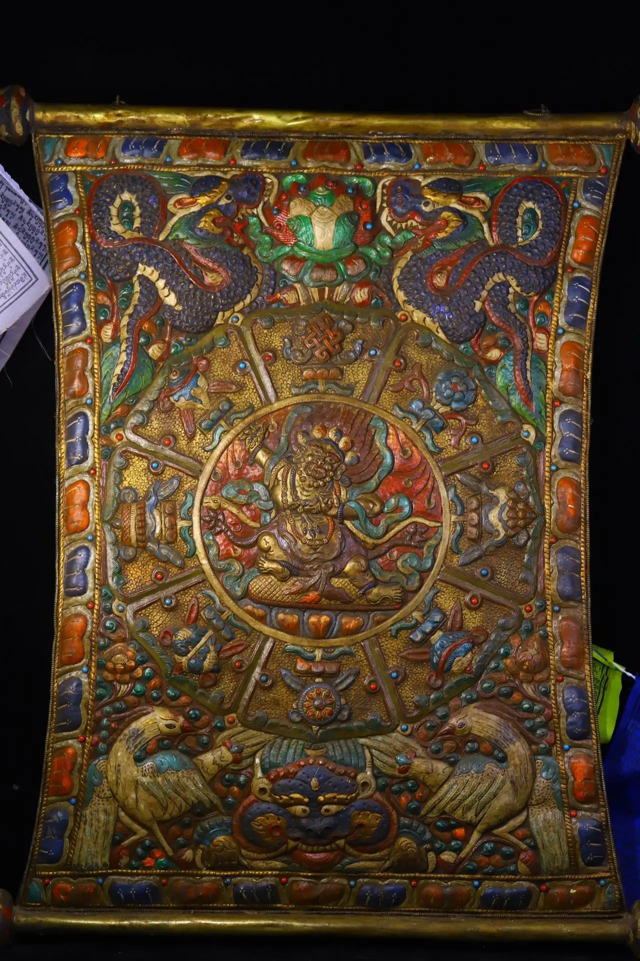 31 "مجموعة معبد التبتية القديمة البرونزية تتبع التنين اللعب الخرز Vajra Bodhisattva Thangka Yuncheng شنق الشاشة قاعة العبادة