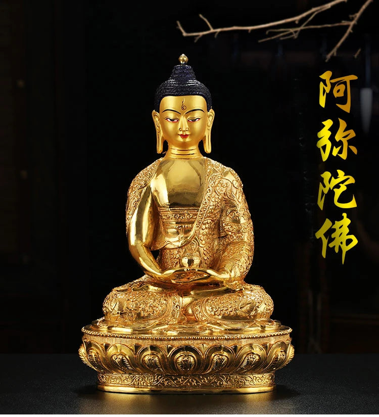 31CM Large wholesale buddha statue # Nepal Tibetan Buddhism Amitabha Amitayus Buddha Gold-plated brass statue HOME Talisman