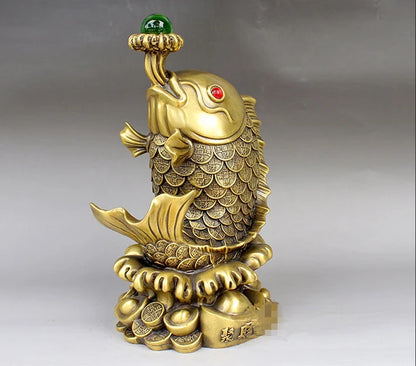 31CM large - Company SHOP Store home efficacious Mascot -thriving business Money drawing GOLD fish  FENG SHUI BRASS statue