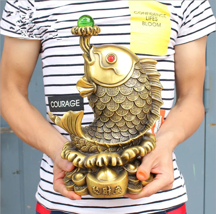 31CM large - Company SHOP Store home efficacious Mascot -thriving business Money drawing GOLD fish  FENG SHUI BRASS statue