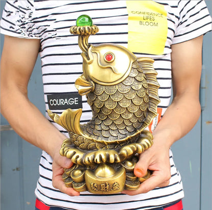 31CM large - Company SHOP Store home efficacious Mascot -thriving business Money drawing GOLD fish  FENG SHUI BRASS statue