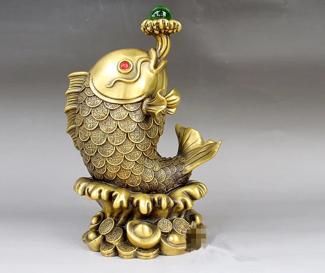 31CM large - Company SHOP Store home efficacious Mascot -thriving business Money drawing GOLD fish  FENG SHUI BRASS statue
