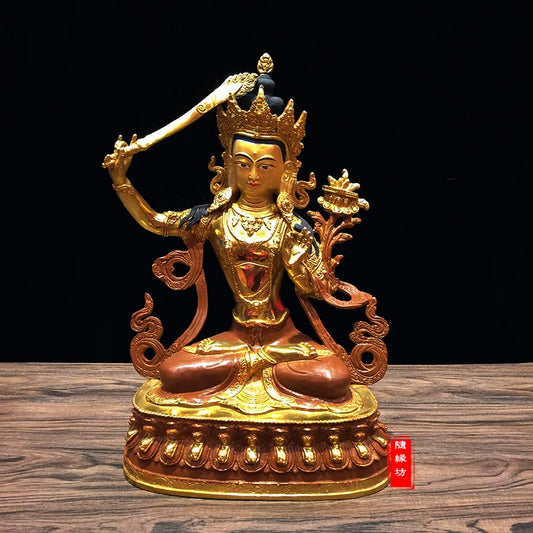 31CM large -GOOD---Buddhist Buddhism home family efficacious Protection brass Bodhisattva Manjusri Gold-plated Buddha  statue