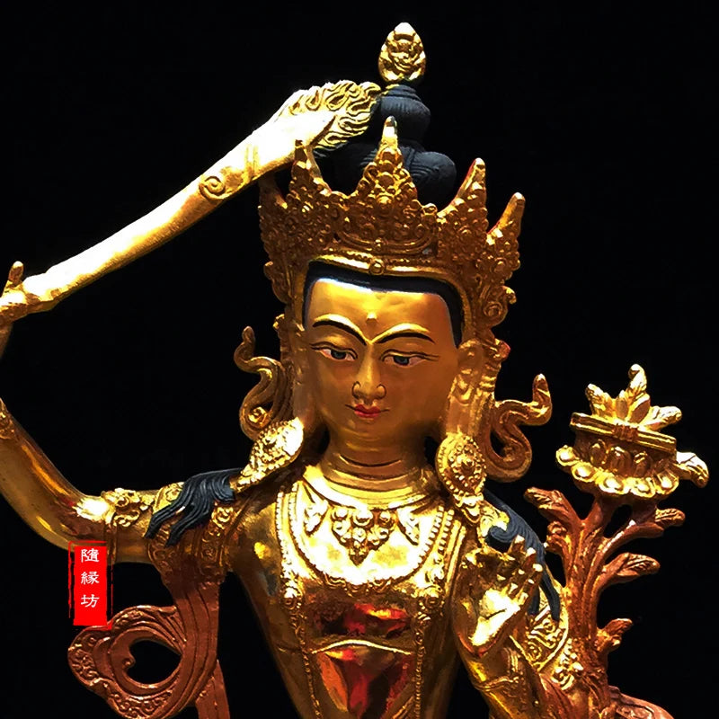 31CM large -GOOD---Buddhist Buddhism home family efficacious Protection brass Bodhisattva Manjusri Gold-plated Buddha  statue