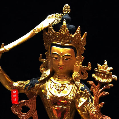 31CM large -GOOD---Buddhist Buddhism home family efficacious Protection brass Bodhisattva Manjusri Gold-plated Buddha  statue