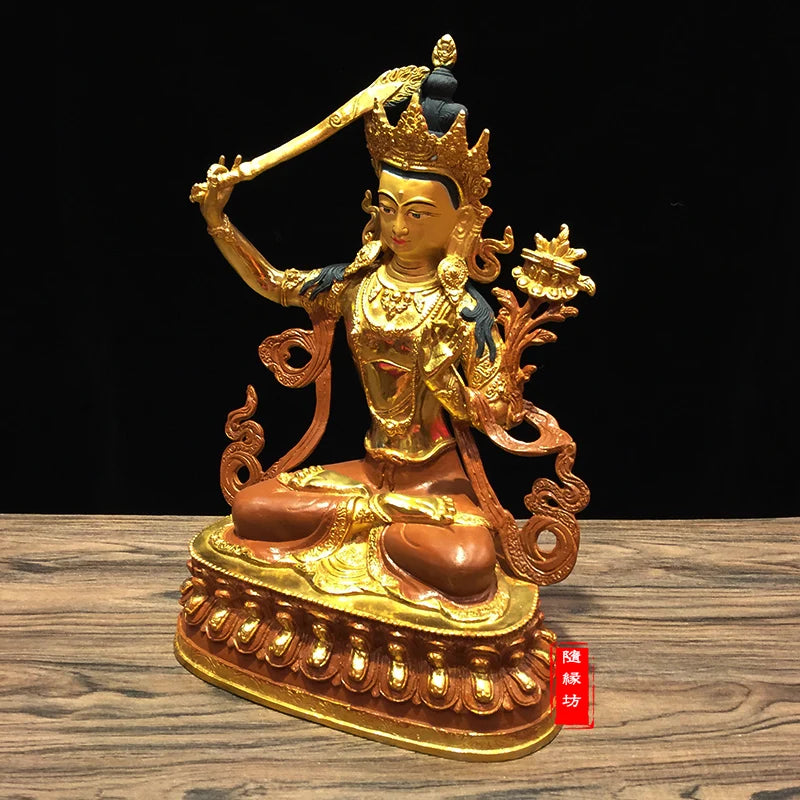 31CM large -GOOD---Buddhist Buddhism home family efficacious Protection brass Bodhisattva Manjusri Gold-plated Buddha  statue