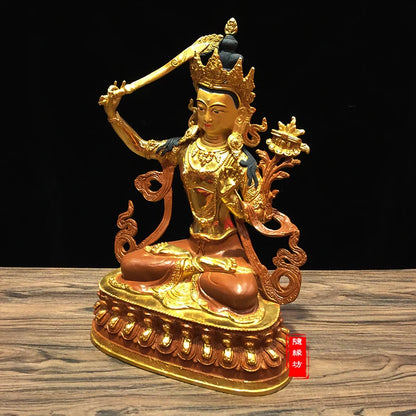 31CM large -GOOD---Buddhist Buddhism home family efficacious Protection brass Bodhisattva Manjusri Gold-plated Buddha  statue