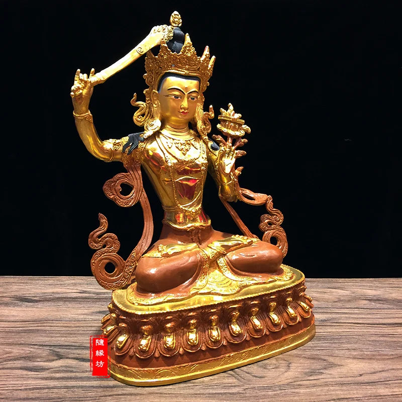 31CM large -GOOD---Buddhist Buddhism home family efficacious Protection brass Bodhisattva Manjusri Gold-plated Buddha  statue