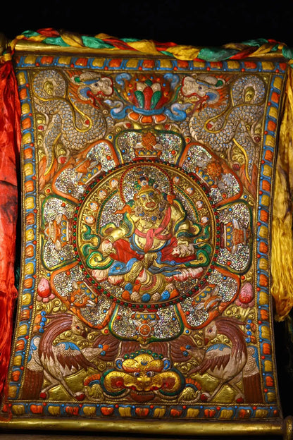 32”Tibetan Temple Collectio Old Bronze Painted Mosaic Gem gZi Beads Shell Yellow Jambhala Buddha Thangka Worship Hall Town house
