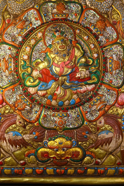 32”Tibetan Temple Collectio Old Bronze Painted Mosaic Gem gZi Beads Shell Yellow Jambhala Buddha Thangka Worship Hall Town house