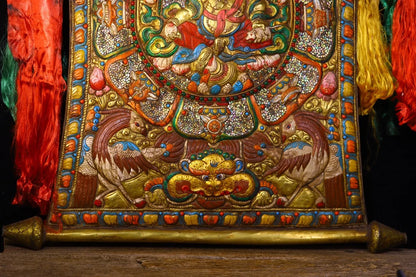 32”Tibetan Temple Collectio Old Bronze Painted Mosaic Gem gZi Beads Shell Yellow Jambhala Buddha Thangka Worship Hall Town house