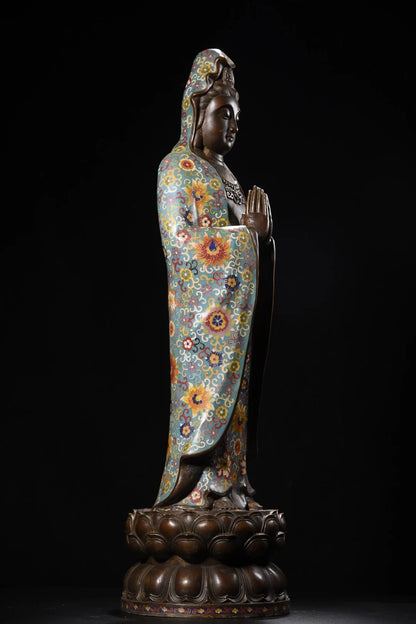 32"Tibetan Temple Collection Old Bronze Cloisonn Enamel Guanyin Bodhisattva Station Buddha Lotus Terrace Worship Hall Town house