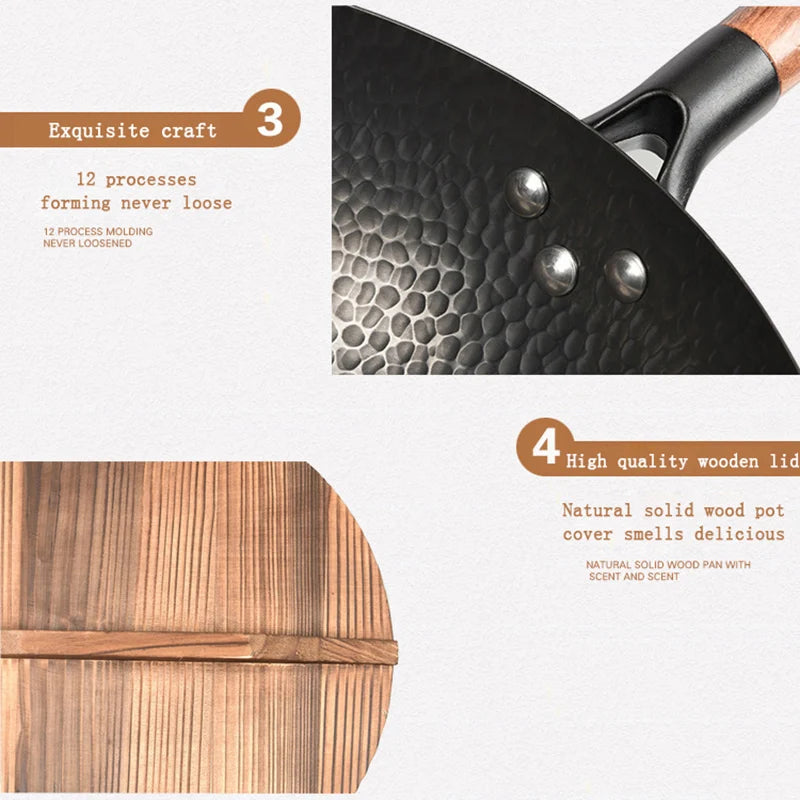 32cm Chinese Traditional Handmade 100% Iron Wok Thickening Non Coated Round Bottom Pan Wok Cook Large Cooking Pot with Wood Lid