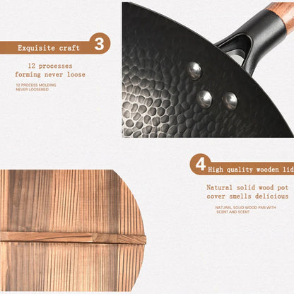 32cm Chinese Traditional Handmade 100% Iron Wok Thickening Non Coated Round Bottom Pan Wok Cook Large Cooking Pot with Wood Lid