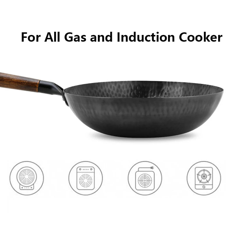 32cm Non Stick Iron Wok Flat Bottom Cooking Pan without Lid Stir Fry Skillet for All Stoves Kitchen Accessories