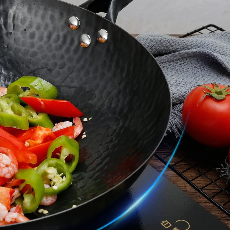32cm Non Stick Iron Wok Flat Bottom Cooking Pan without Lid Stir Fry Skillet for All Stoves Kitchen Accessories