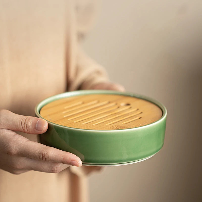 330ML Celadon Glazed Ceramic Tea Tray Natural Bamboo Plate Tea Board Kung Fu Tea Accessories