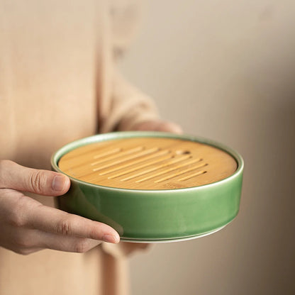 330ML Celadon Glazed Ceramic Tea Tray Natural Bamboo Plate Tea Board Kung Fu Tea Accessories