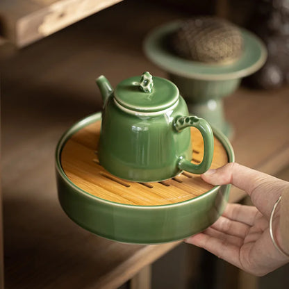 330ML Celadon Glazed Ceramic Tea Tray Natural Bamboo Plate Tea Board Kung Fu Tea Accessories