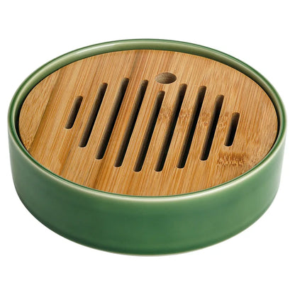 330ML Celadon Glazed Ceramic Tea Tray Natural Bamboo Plate Tea Board Kung Fu Tea Accessories