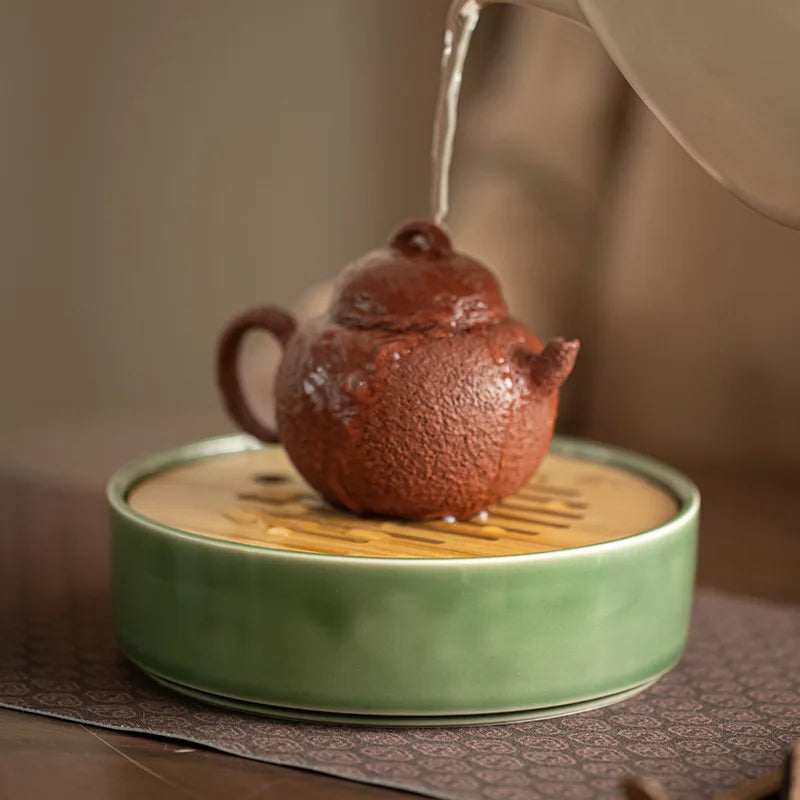 330ML Celadon Glazed Ceramic Tea Tray Natural Bamboo Plate Tea Board Kung Fu Tea Accessories