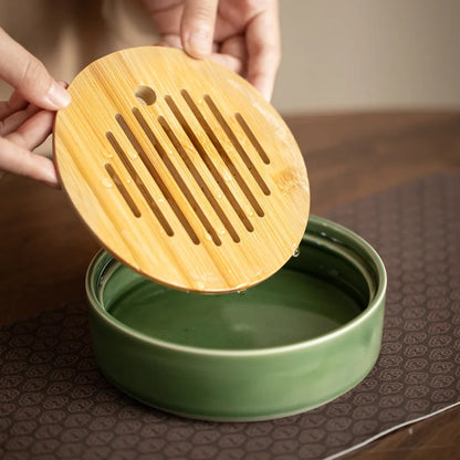330ML Celadon Glazed Ceramic Tea Tray Natural Bamboo Plate Tea Board Kung Fu Tea Accessories